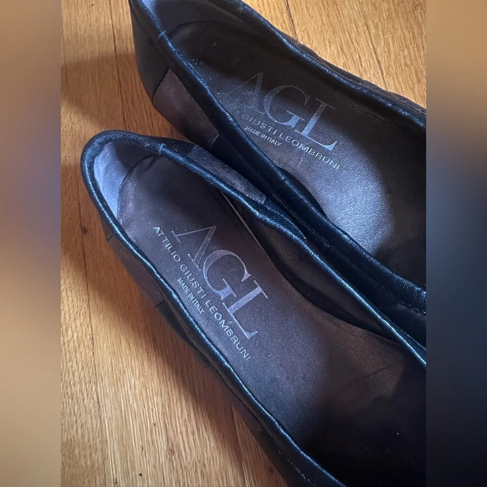AGL Black & Bronze Metallic Striped Leather Ballet Flats, Size 38.5 (US 8.5)